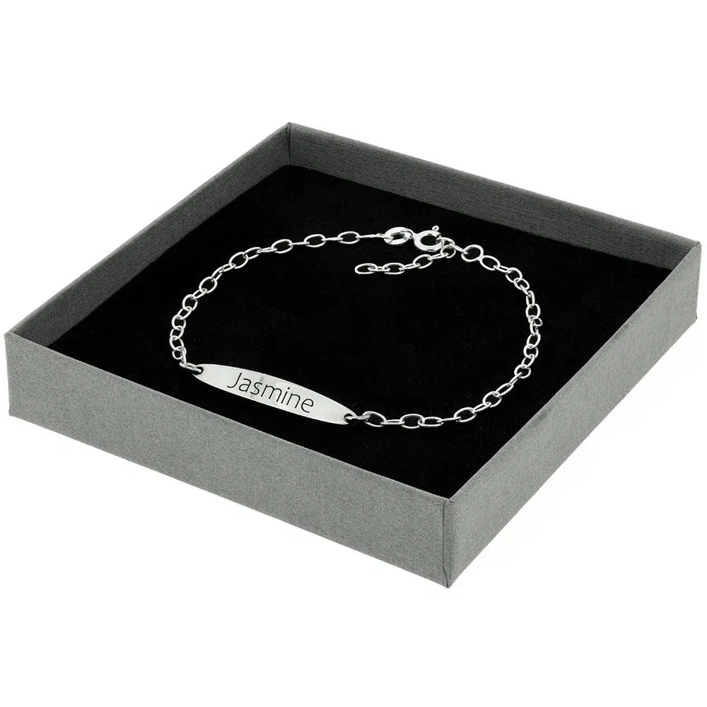 Sterling silver name plate bracelet with personalised name engraving in a Laalie gift box