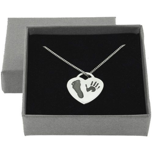 Silver Heart Hand and Foot Print Necklace