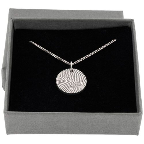 silver fingerprint disc pendant with CZ stone in gift box
