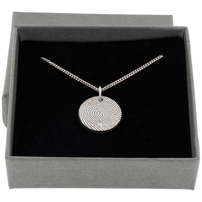 silver fingerprint disc pendant with CZ stone in gift box