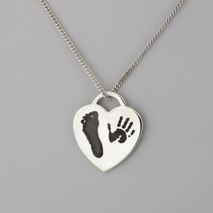 Silver Heart Hand and Foot Print Necklace