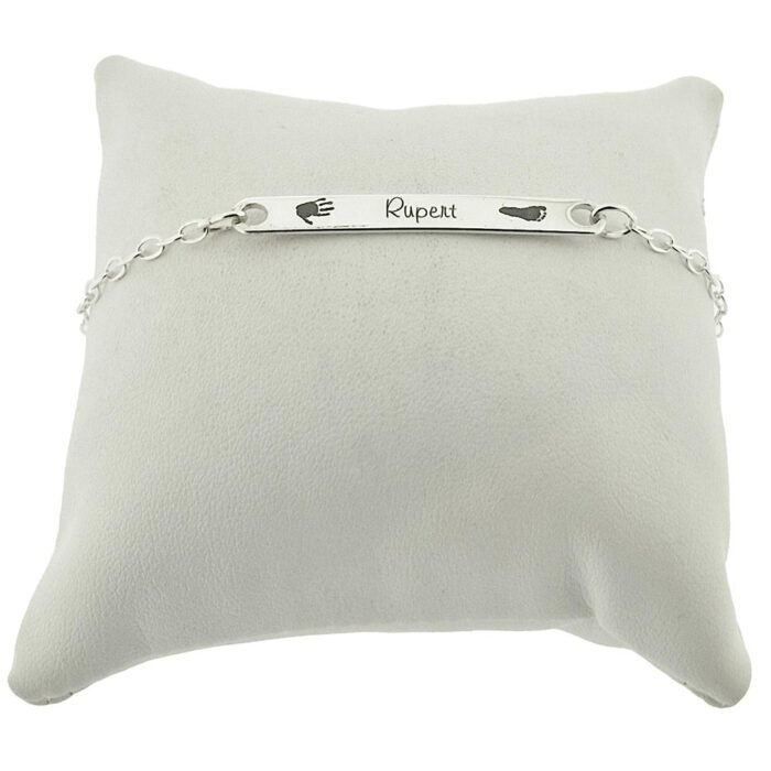 Sterling Silver Name Plate Bracelet with Hand / Footprint Engraving - Image 2
