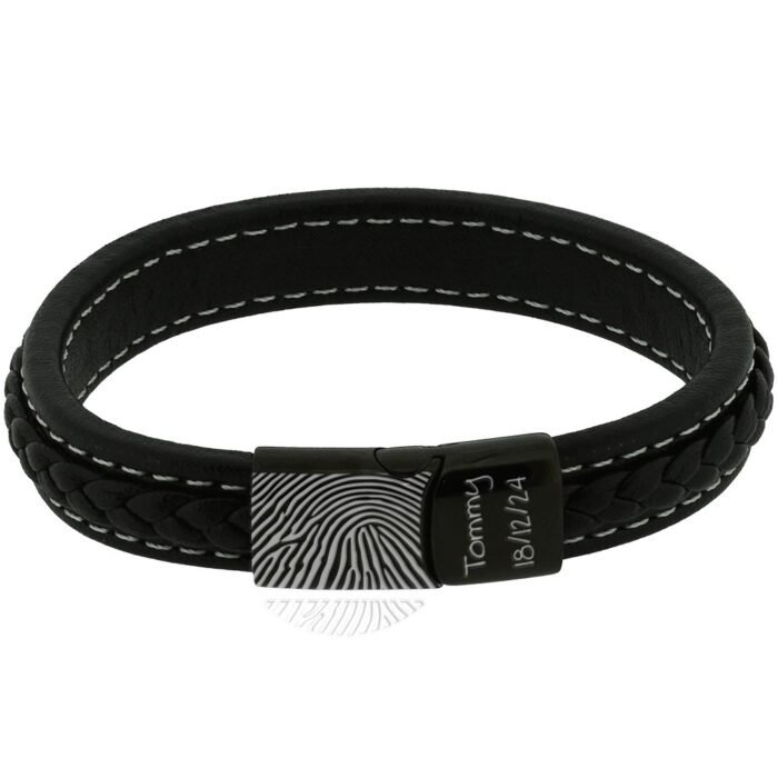 Mens Black Stitched Woven Effect Fingerprint Bracelet