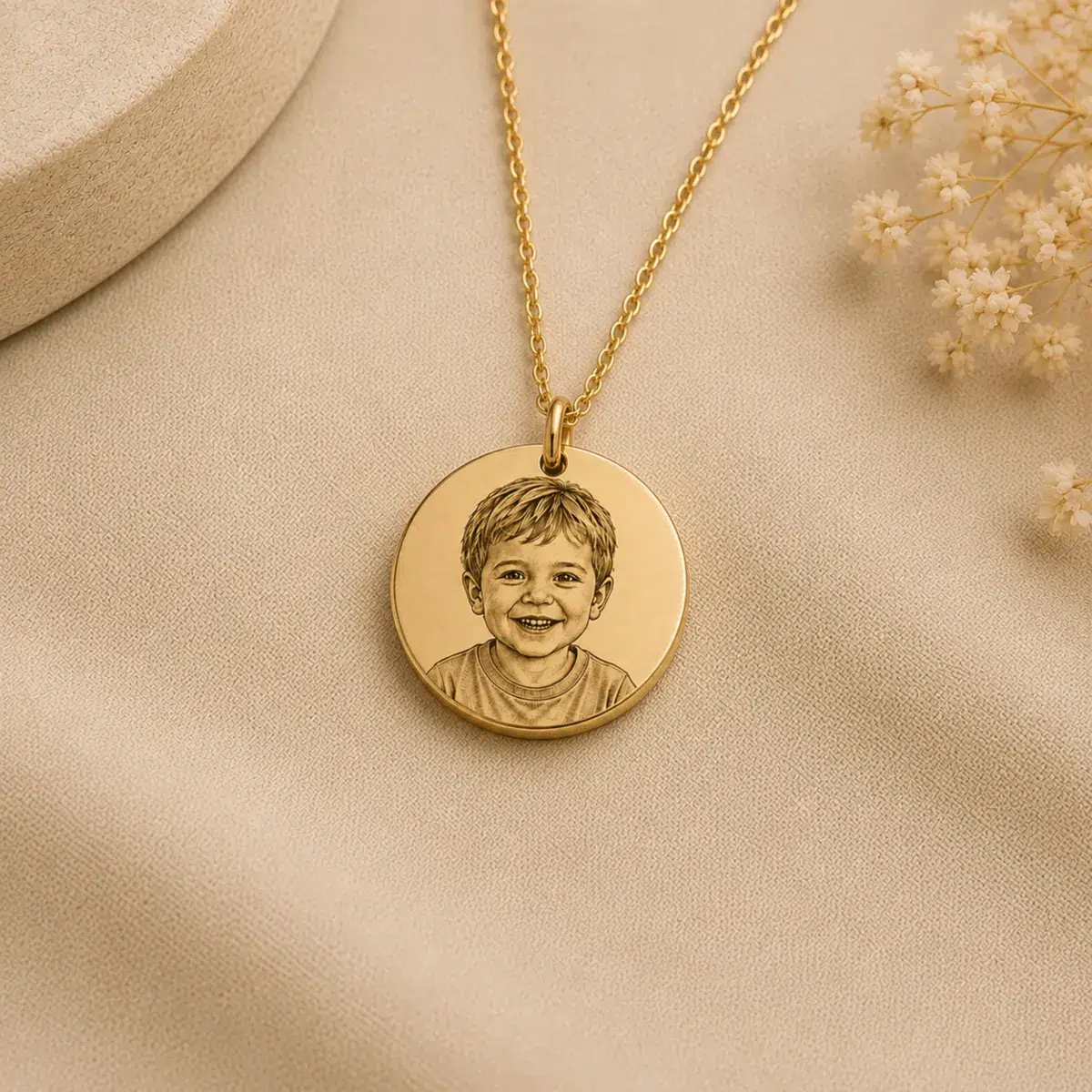 9ct gold personalised necklace engraved with a child's portrait