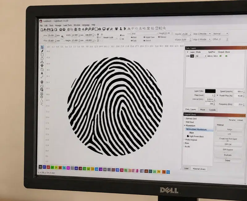 Fingerprint artwork being prepared on screen for jewellery engraving