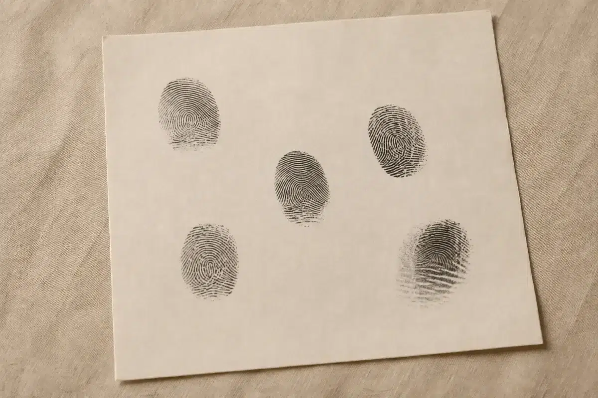 Five fingerprint impressions on paper ready for fingerprint jewellery