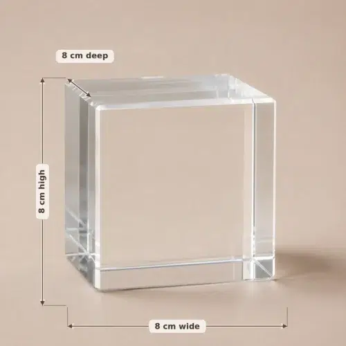 Large clear crystal cube C0002 with width, height and depth measurements