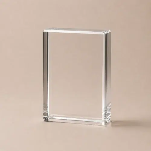 Large clear rectangular crystal block C0005 displayed in portrait orientation