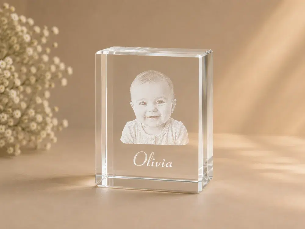 Baby portrait engraved inside a personalised crystal block