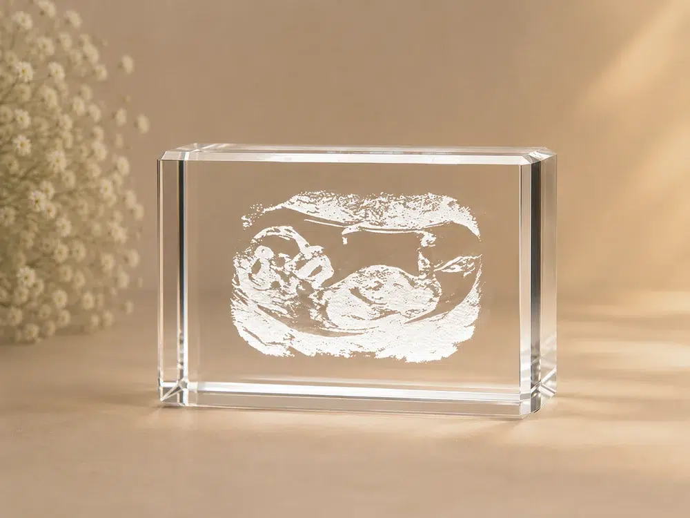 Baby scan engraved inside a personalised crystal block