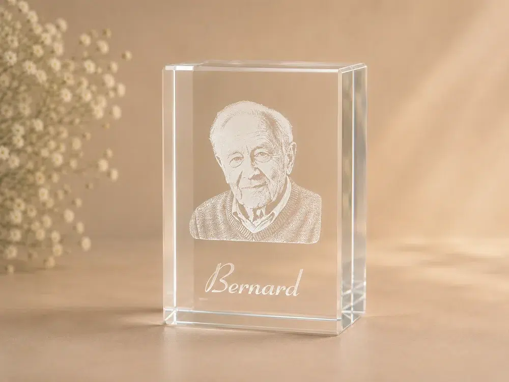 Memorial portrait and name engraved inside a personalised crystal block