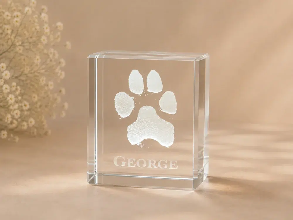 Pet paw print and the name George engraved inside a personalised crystal block