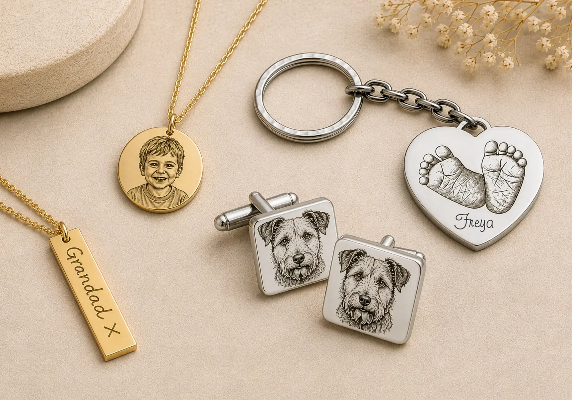 Personalised jewellery including an engraved child portrait necklace, handwriting pendant, footprint keyring and pet portrait cufflinks