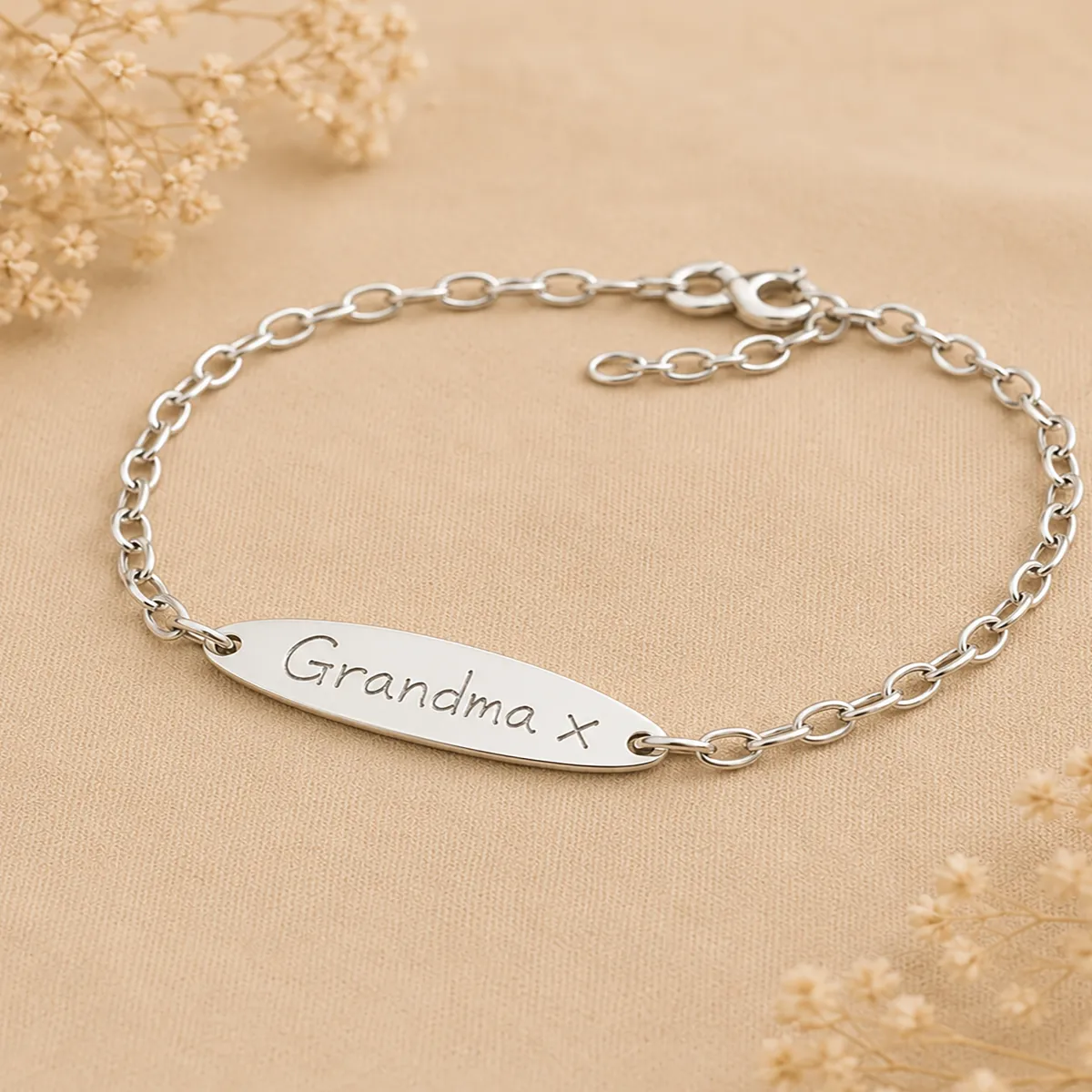 Sterling silver personalised bracelet engraved with handwritten Grandma x