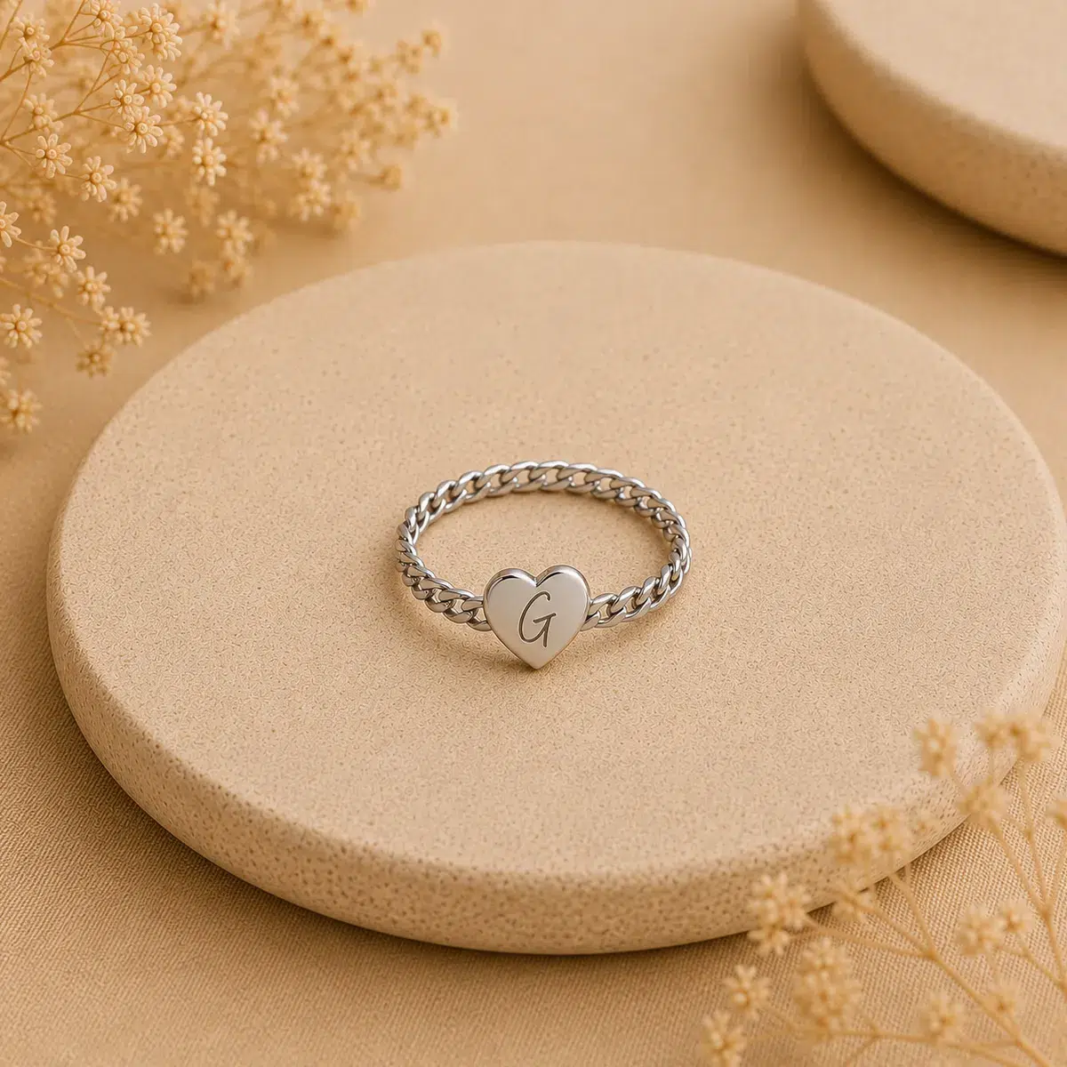 Sterling silver personalised heart ring engraved with a handwritten initial G