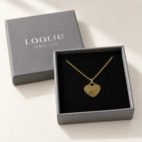 15mm gold coloured stainless steel fingerprint heart necklace in an open grey Laalie gift box