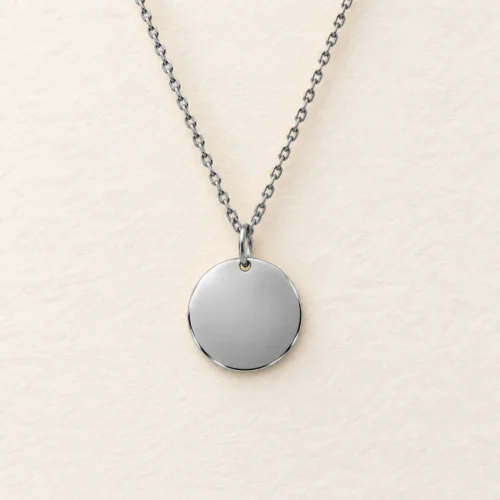 Plain 13mm silver coloured stainless steel disc necklace on a matching chain against a light textured background.