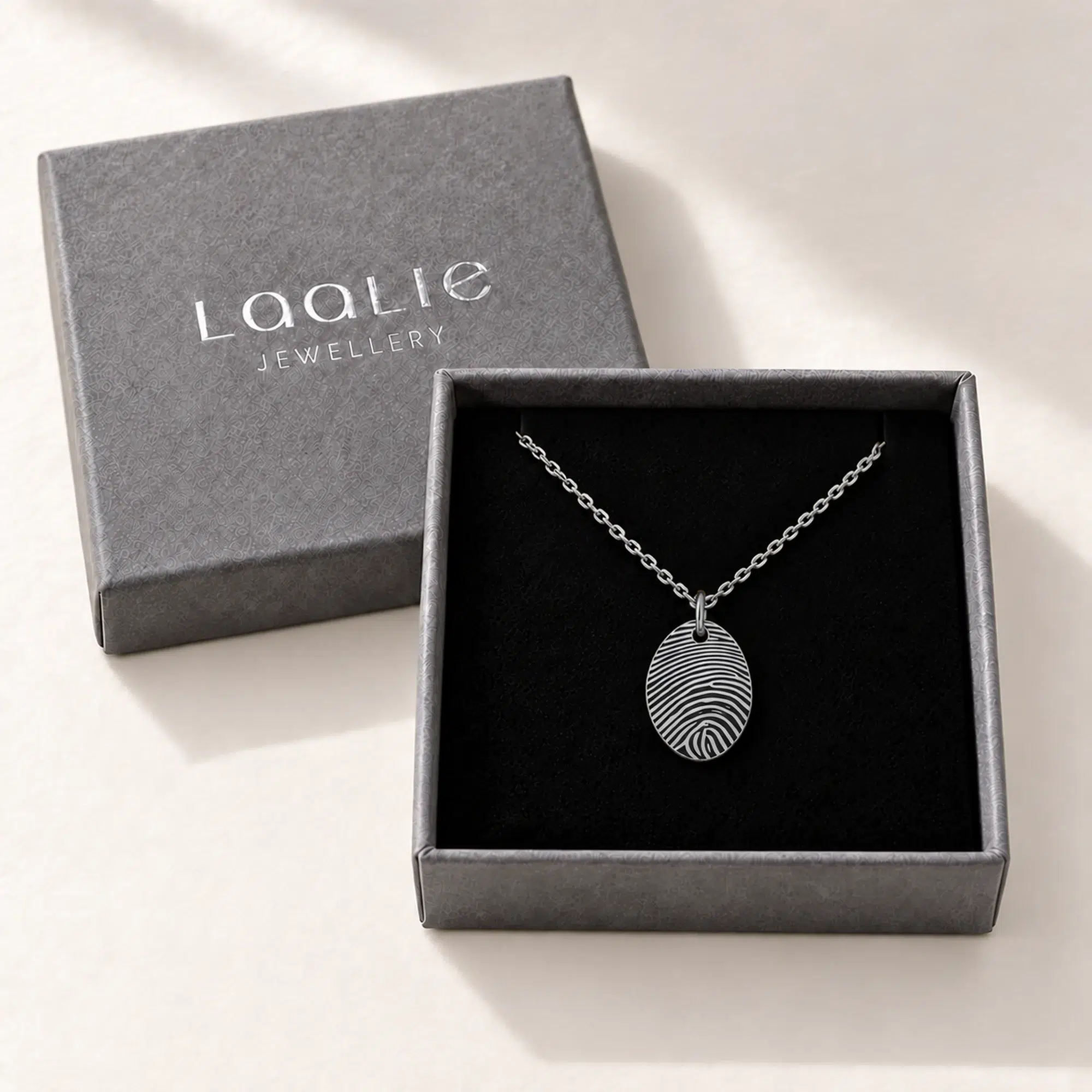12x18mm Silver Coloured Stainless Steel Fingerprint Oval Necklace - Image 2