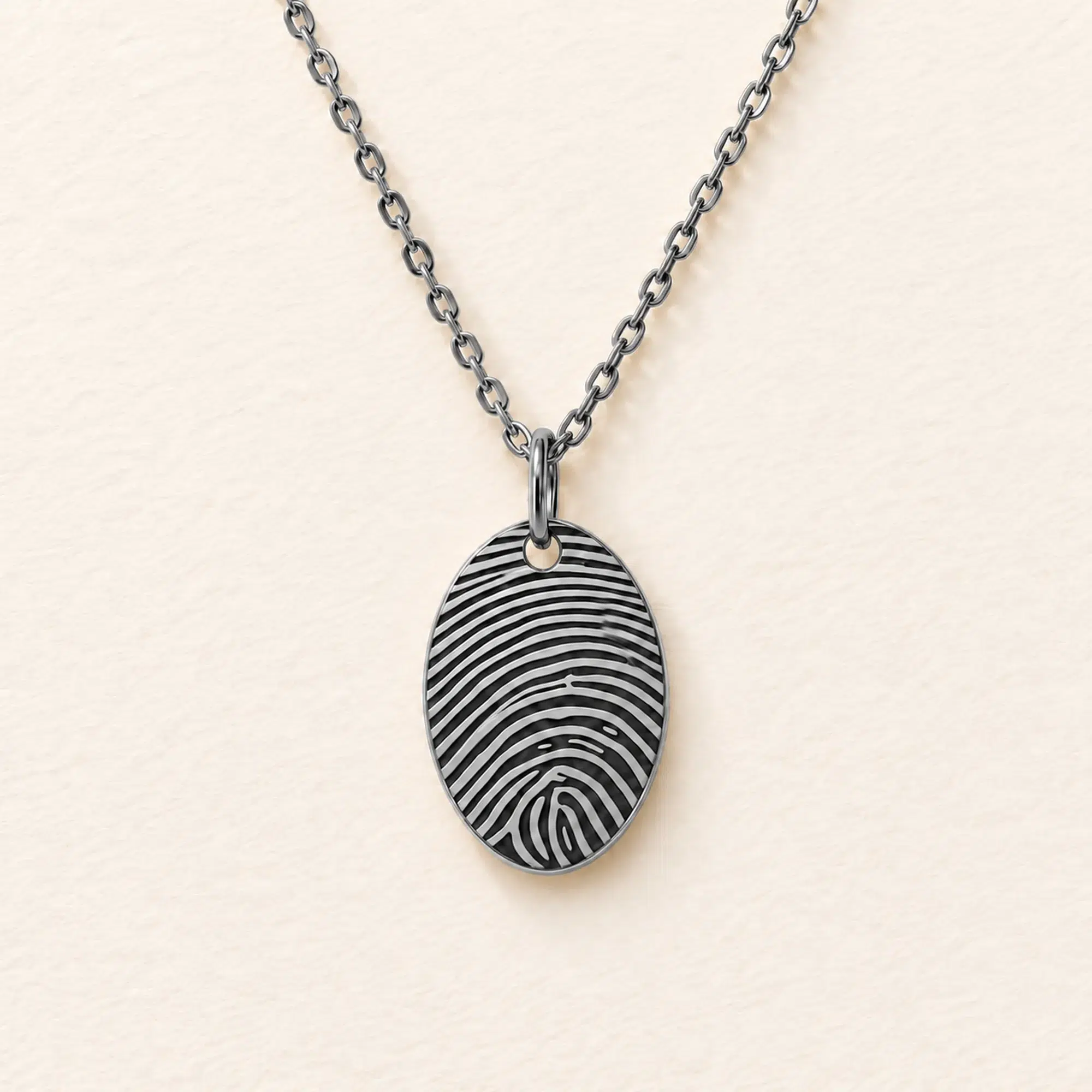 12x18mm Silver Coloured Stainless Steel Fingerprint Oval Necklace