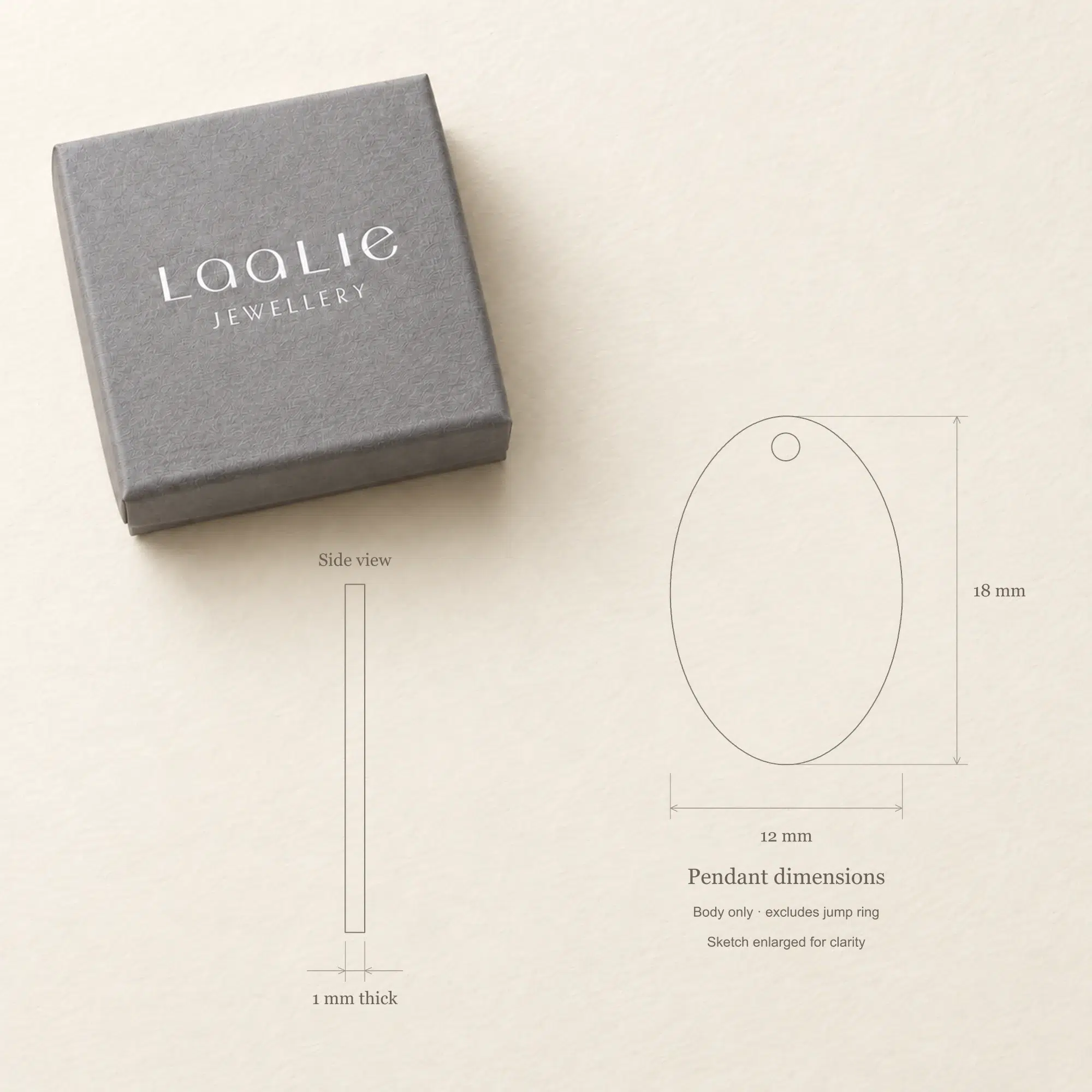 Stainless steel oval pendant diagram showing a 12mm width, 18mm height and 1mm thickness beside a Laalie gift box.