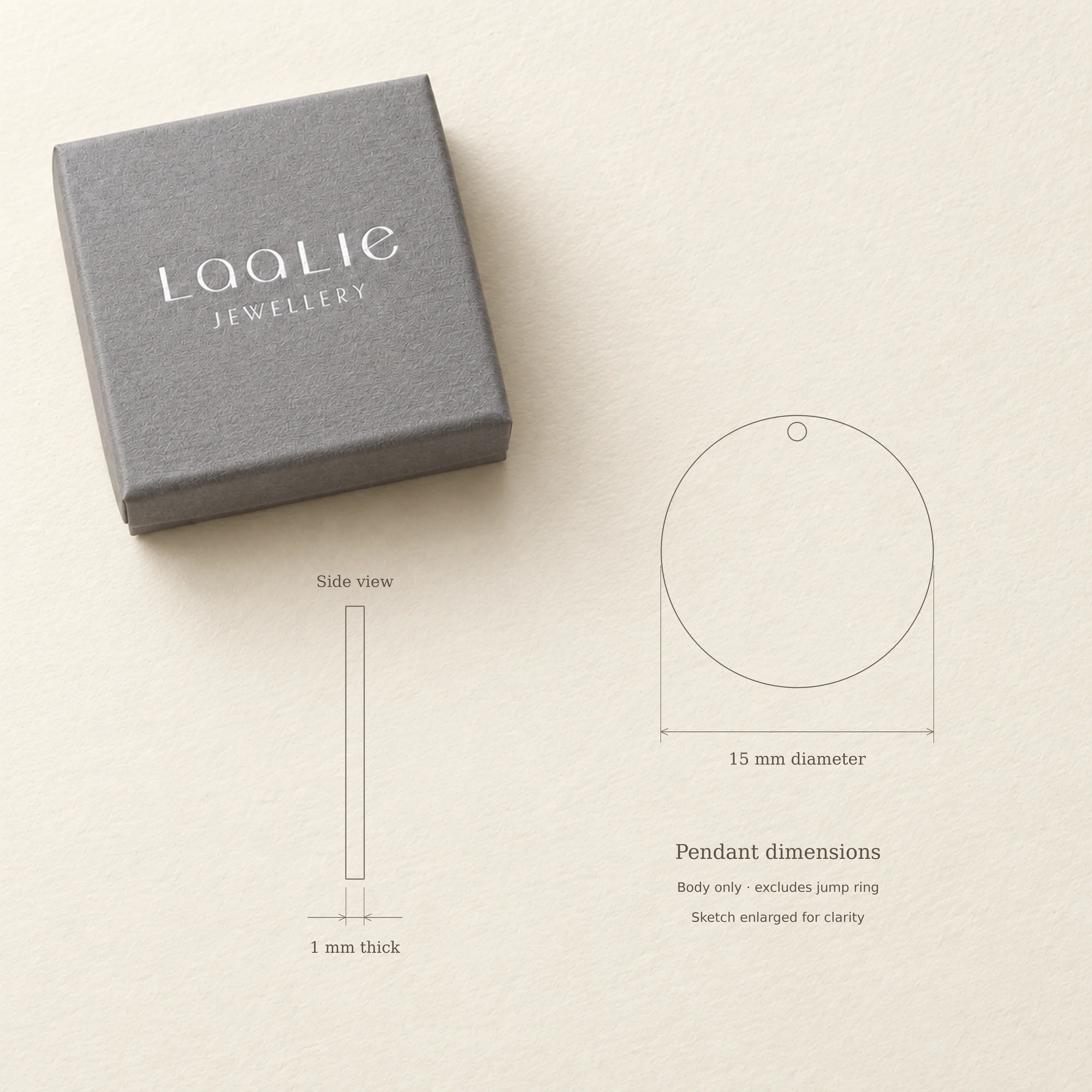 Stainless steel disc pendant dimensions: 15mm diameter and 1mm thick, excluding the jump ring