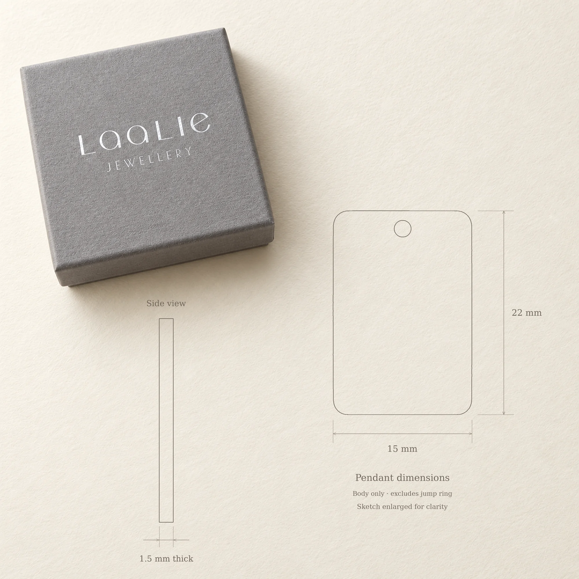 Stainless steel rectangle pendant dimensions: 15mm wide, 22mm high and 1.5mm thick, excluding the jump ring